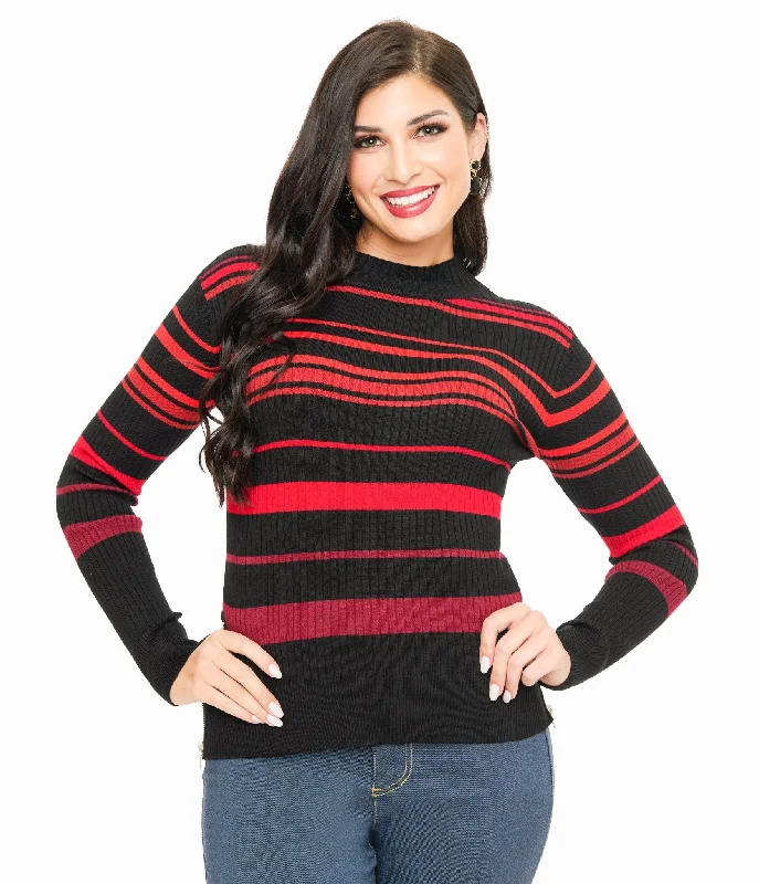 cotton ribbed pullover sweaters -Jawbreaker Red & Black Stripe High Neck Sweater