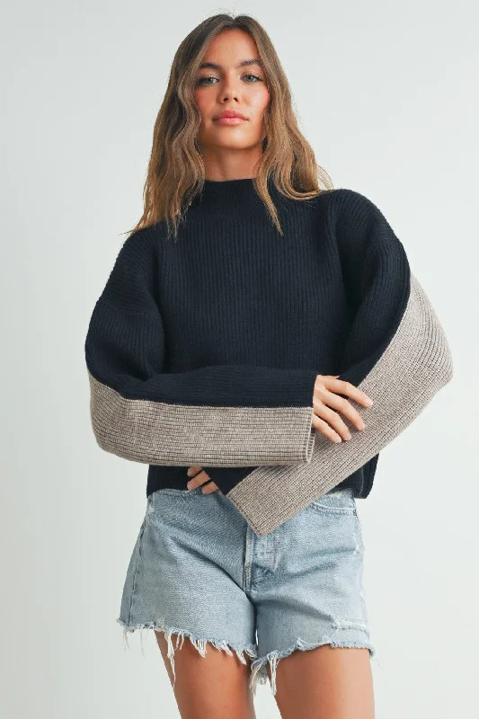 minimalist cotton pullover sweaters -COLOUR BLOCK MOCK NECK CROPPED SWEATER