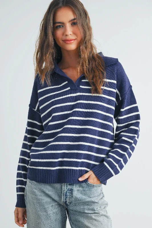 lightweight cotton pullover sweaters -JOHNNY COLLAR STRIPED SWEATER