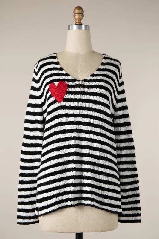 cropped turtleneck pullover sweaters -STRIPED V-NECK HEART SWEATER