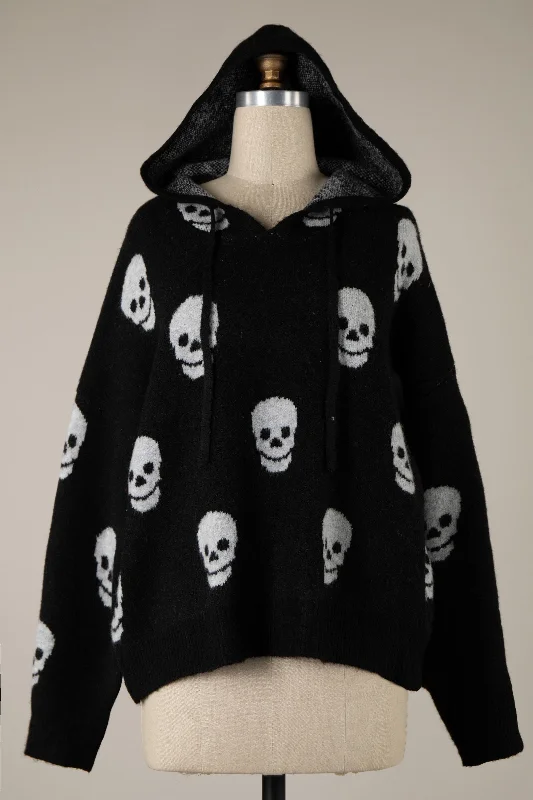 v-neck pullover sweaters men -SCATTERED SKULL HOODED SWEATER