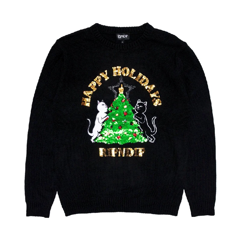 boho knit striped pullover sweaters -Litmas Tree Knitted Sweater (Black)