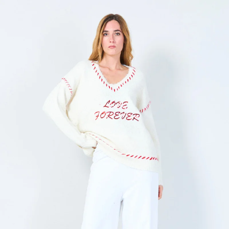 chunky turtleneck pullover sweaters -Love forever embroidered V-neck sweater wholesale