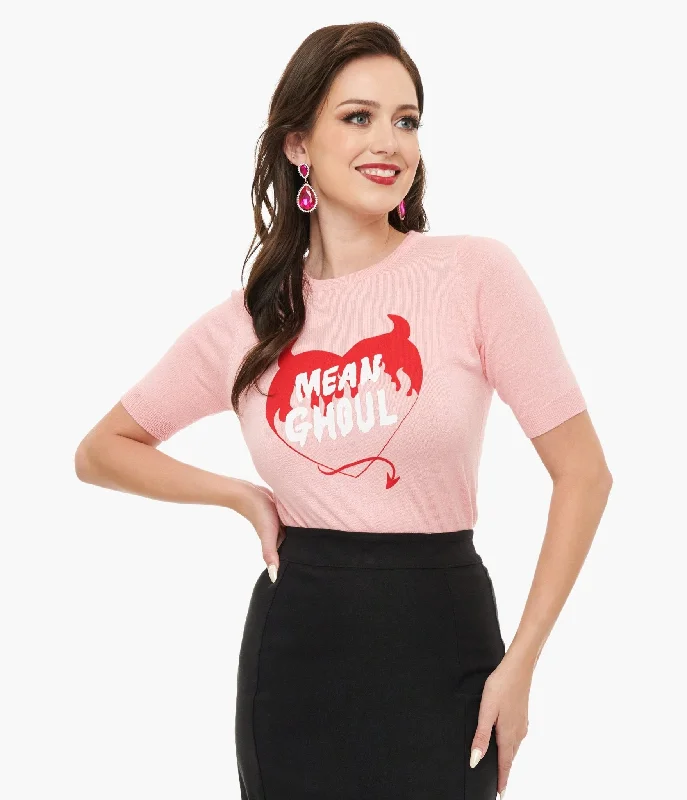 cotton blend alpaca pullover sweaters -Mischief Made Pink Mean Ghoul Short Sleeve Sweater