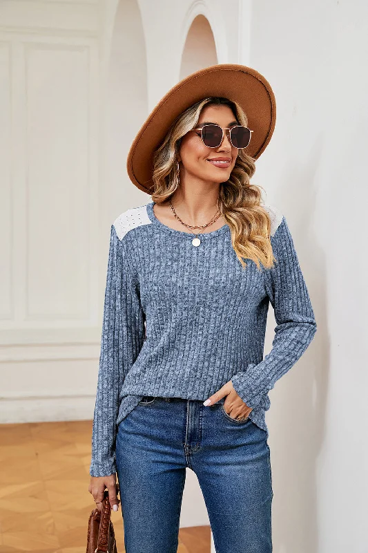 soft mohair pullover sweaters -Round Neck Ribbed Top