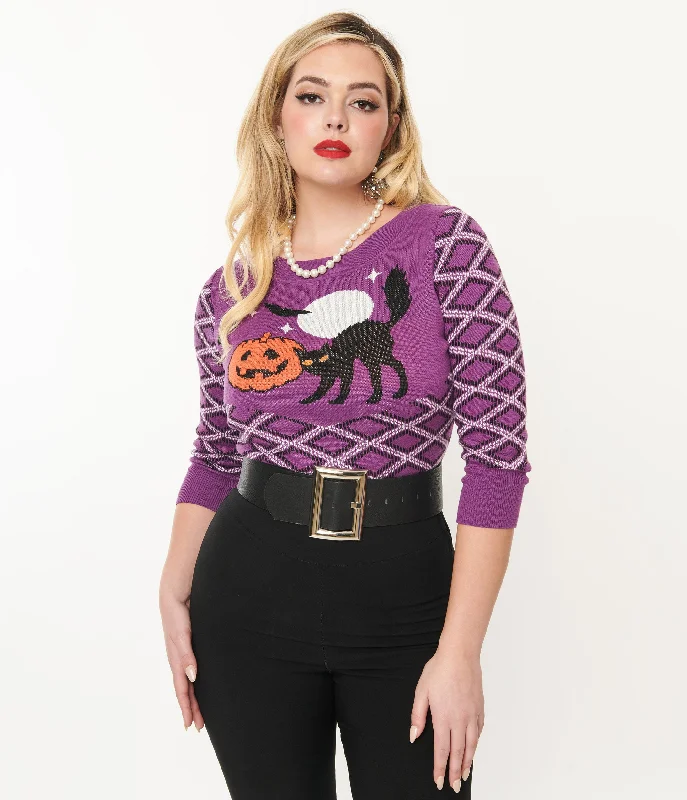 floral striped pullover sweaters -Smak Parlour Purple Plaid & Black Cat Sweater