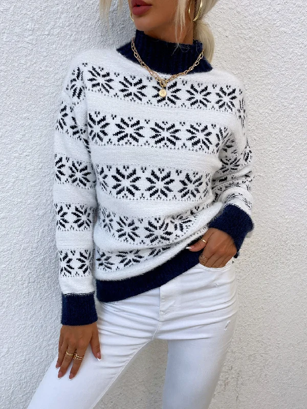 floral pullover sweaters for office -Snowflake Pattern Mock Neck Sweater