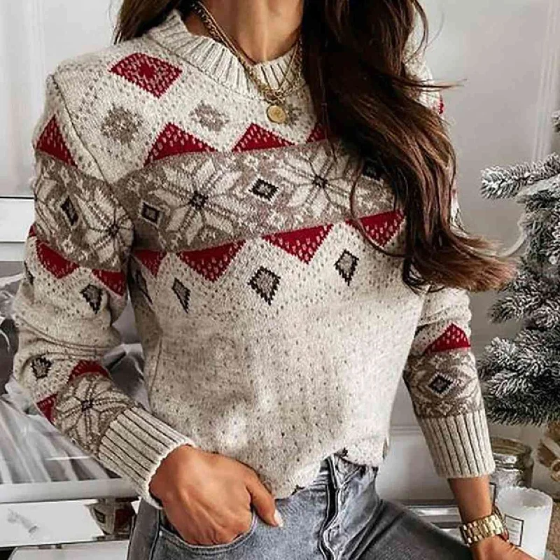 slouchy wool pullover sweaters -Snowflake Round Neck Sweater