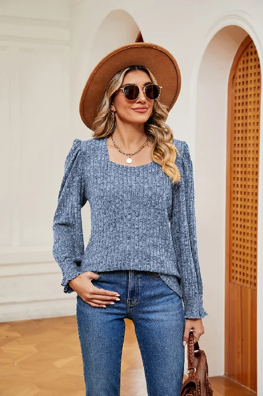 cotton blend mohair pullover sweaters -Square Neck Puff Sleeve Top