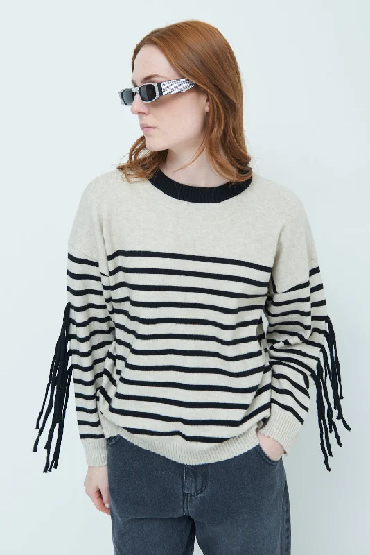 cashmere pullover sweaters with pockets -Striped fringe sleeve sweater wholesale