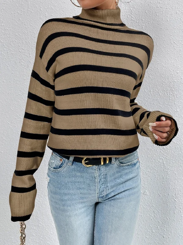 v-neck floral pullover sweaters -Striped Turtleneck Drop Shoulder Sweater