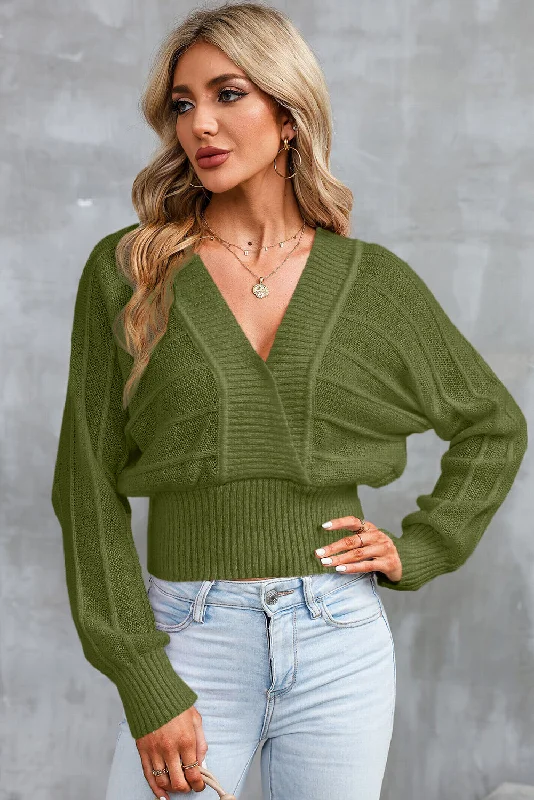 chunky striped pullover sweaters -Surplice Neck Lace-Up Sweater