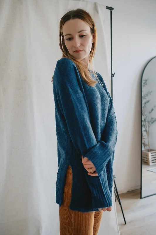 textured cotton pullover sweaters -The Kamara Long Sweater - Marine Blue