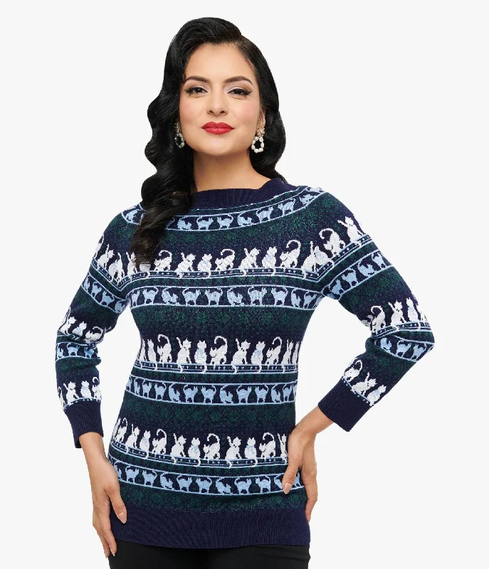 oversized knit wool pullover sweaters -Unique Vintage 1940s Navy & White Cat Pattern Lorelai Sweater