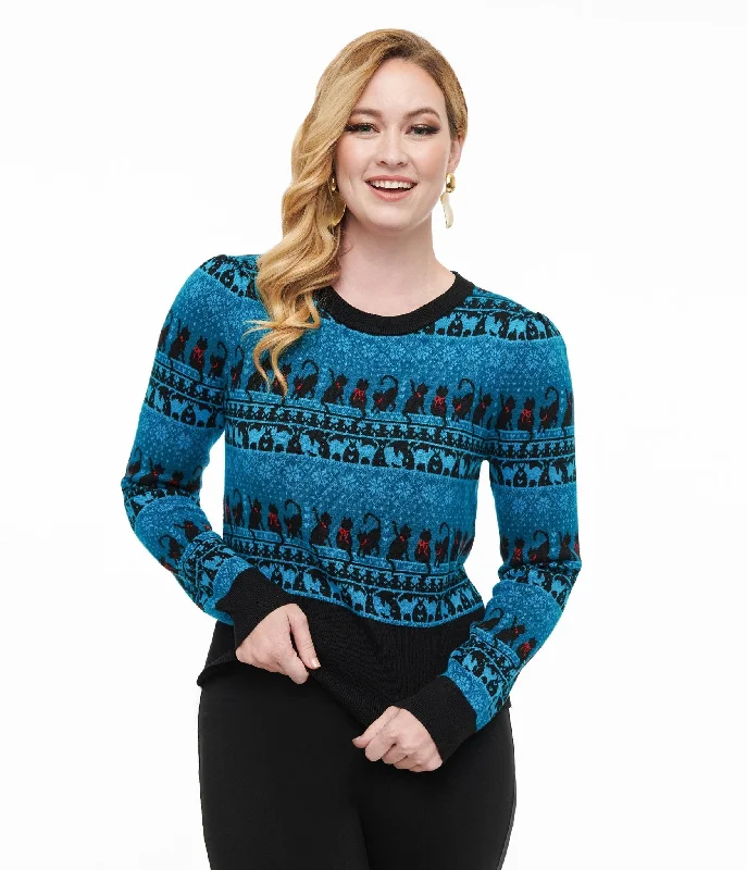 cropped mohair pullover sweaters -Unique Vintage 1950s Teal Snowflakes & Cats Sweater