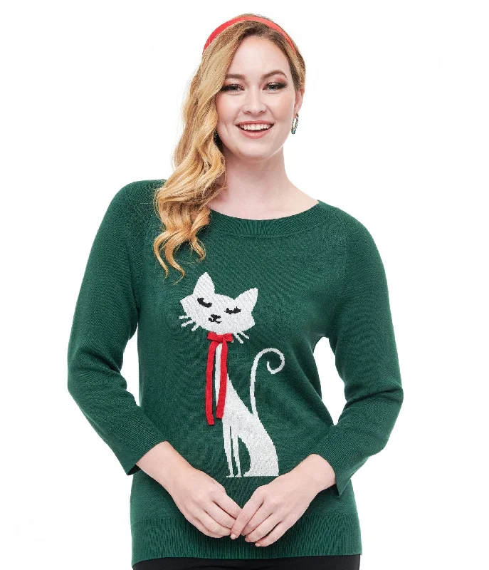 v-neck mohair pullover sweaters -Unique Vintage 1960s Forest Green & Cream Cat Lorelai Sweater