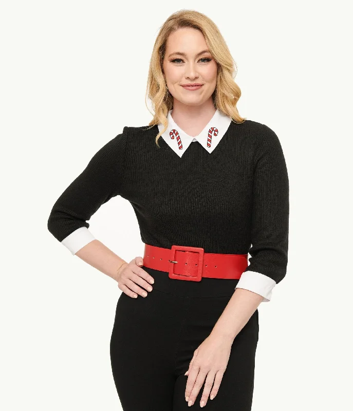 cropped ribbed pullover sweaters -Unique Vintage Black & White Candy Cane Print Contrast Sabrina Sweater