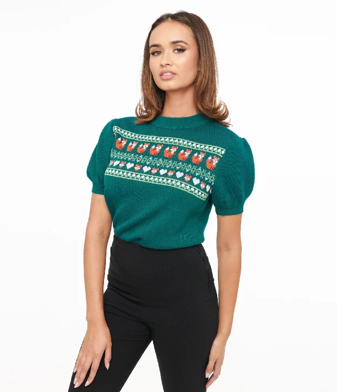 v-neck ribbed pullover sweaters -Unique Vintage Green Fox Fair Isle Paige Sweater