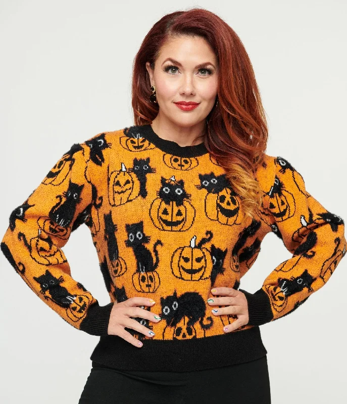 ribbed knit pullover sweaters -Unique Vintage Orange Pumpkin & Black Cat Print Sweater