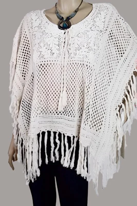 ribbed striped pullover sweaters -Crochet Bib Shaggy Fringe Poncho - Cream