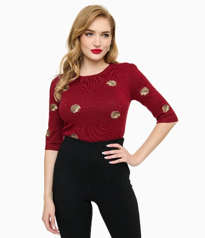 chunky plaid pullover sweaters -Voodoo Vixen Burgundy Hedgehogs Sweater