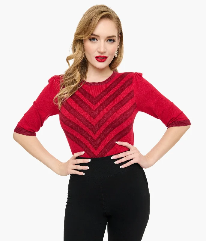 cotton blend ribbed pullover sweaters -Voodoo Vixen Red & Berry Chevron Sweater