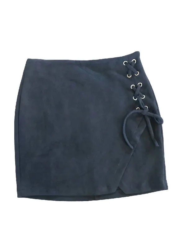 stretchy knit pleated skirts -Lace Up Ultra Suede Mini Skirt In Black