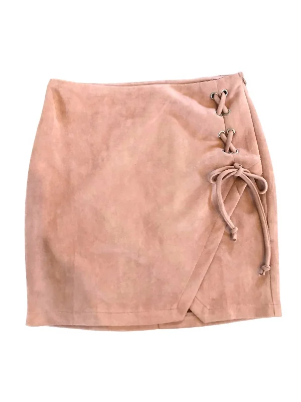 trendy asymmetrical pleated skirts -Lace Up Ultra Suede Mini Skirt In Camel