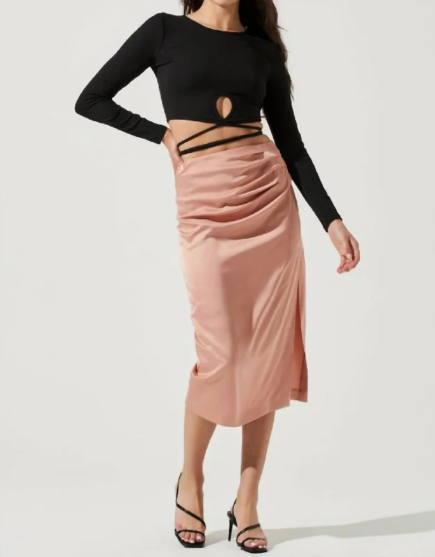 high performance office skirts -Perry Ruched Side Slit Midi Skirt In Blush Pink