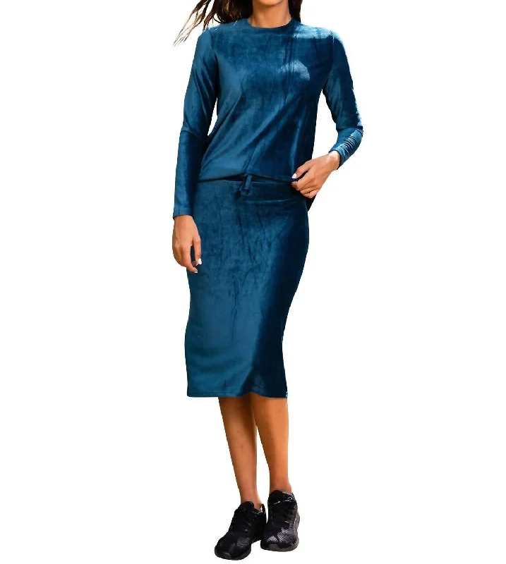 elegant fitted midi skirts -Velour Sport Skirt In Peacock