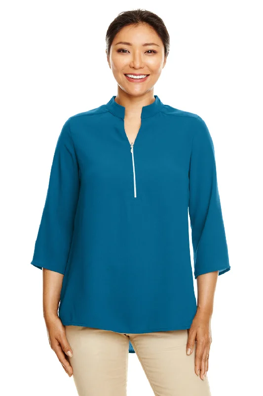 vintage retro cotton blouses & shirts -Devon & Jones Womens Perfect Fit Short Sleeve 1/4 Zip Crepe Tunic - Dark Teal Blue