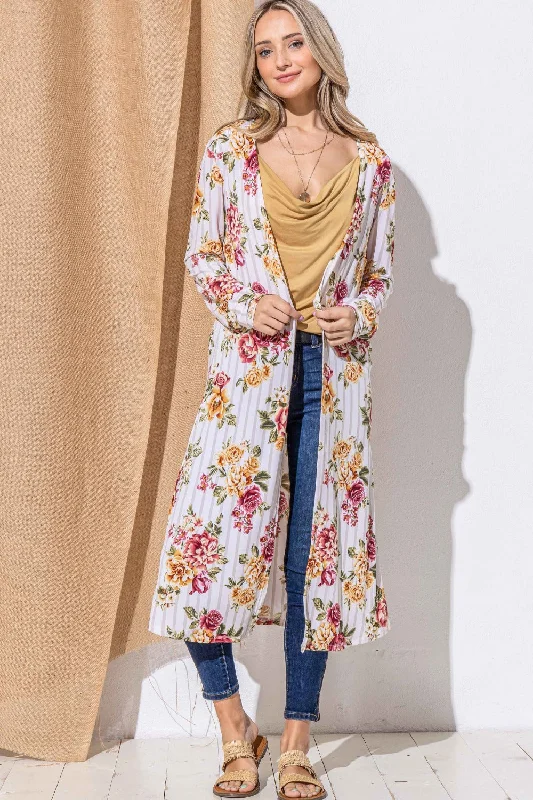 hooded floral cardigans -And The Why Floral Kimono Open Front Longline Cardigan