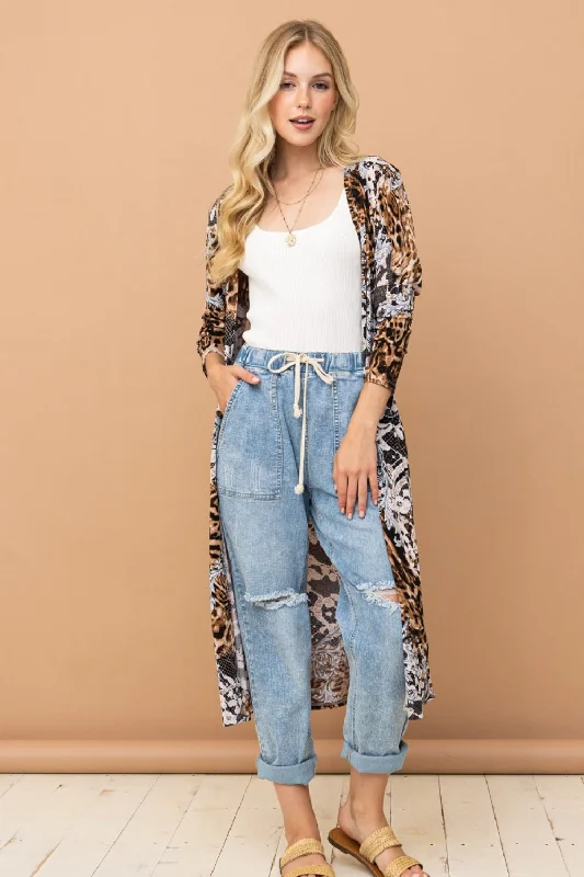 mohair floral cardigans -And The Why Leopard Kimono Open Front Longline Cardigan