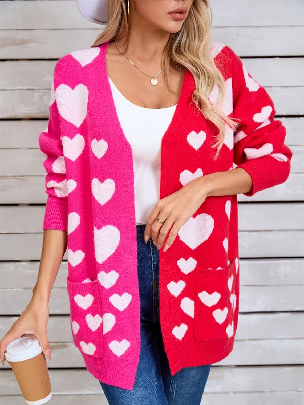 cable knit floral cardigans -Angel Wings Heart Open Front Long Sleeve Cardigan