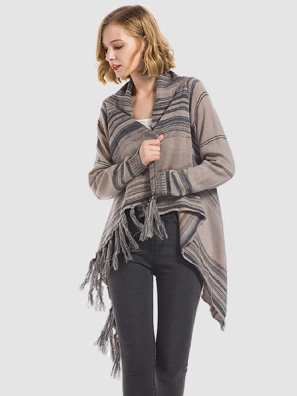 alpaca striped cardigans -Angel Wings Tassel Striped Open Front Long Sleeve Cardigan