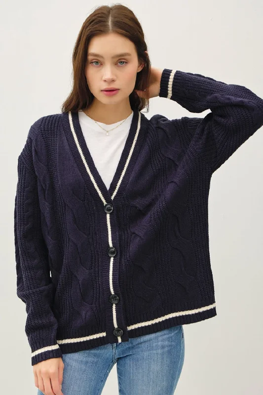 wool hooded cardigans -Be Cool Contrast Trim Cable-Knit V-Neck Cardigan