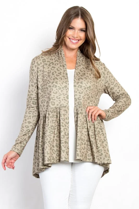 open-front hooded cardigans -Be Stage Full Size Peplum Leopard Open Front Long Sleeve Cardigan