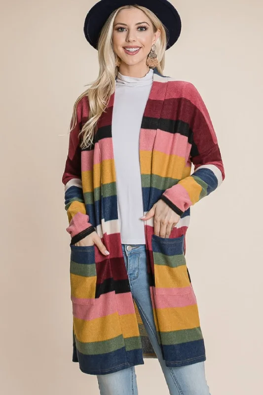 cropped knit hooded cardigans -BOMBOM Color Block Striped Open Front Cardigan