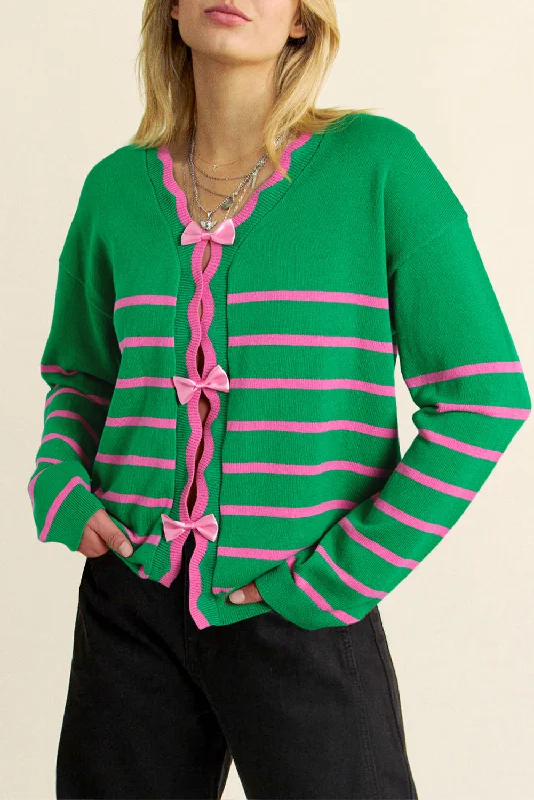 lightweight knit cardigans -Bow Striped V-Neck Long Sleeve Cardigan