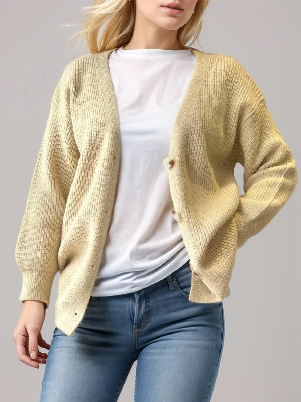 cable alpaca cardigans -Button Down V-Neck Long Sleeve Cardigan