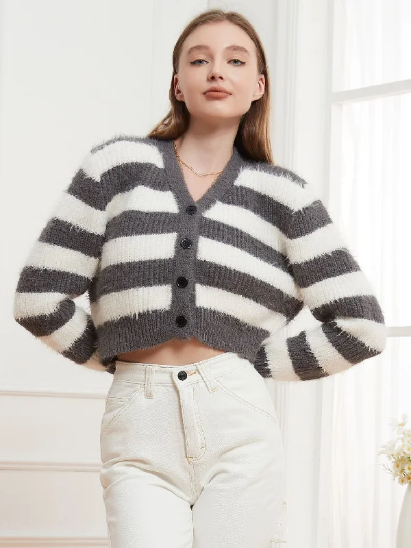 cropped alpaca cardigans -Button Down V-Neck Striped Cardigan