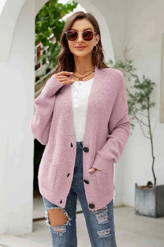 soft alpaca cardigans -Button Up Drop Shoulder Long Sleeve Cardigan