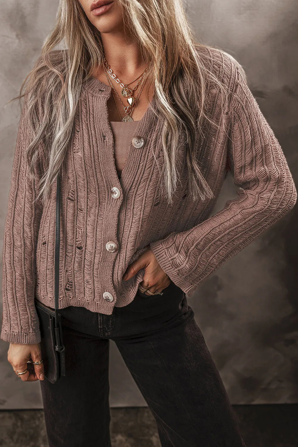 lightweight ribbed cardigans -Button Up Long Sleeve Cardigan