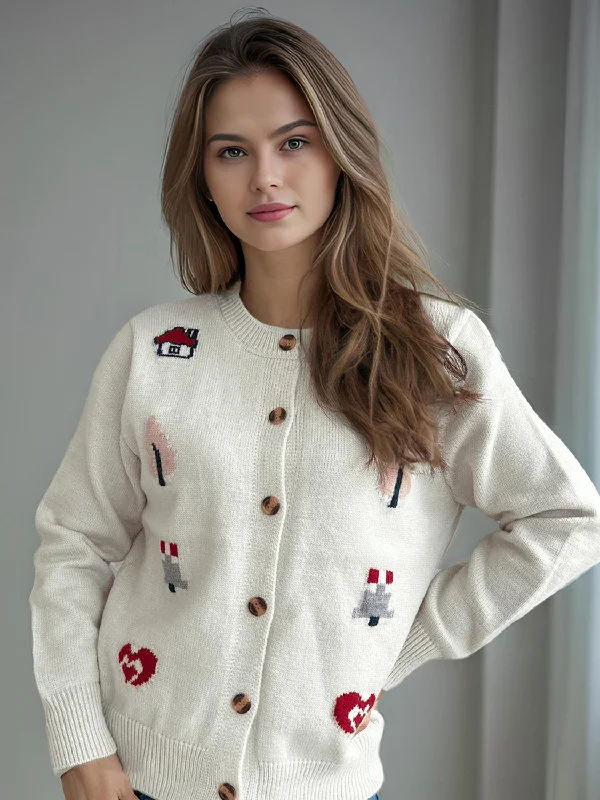 floral plaid cardigans -Button Up Round Neck Long Sleeve Cardigan