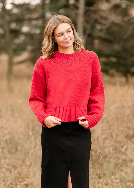 soft knit hooded cardigans -Crewneck Cherry Red Knit Sweater