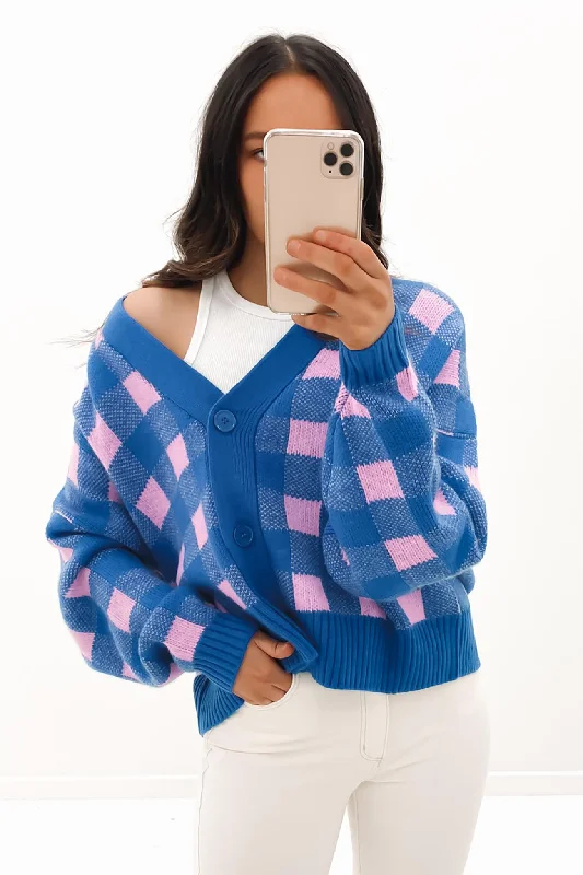 boho knit cashmere cardigans -Elena Cardigan Pink Blue Check