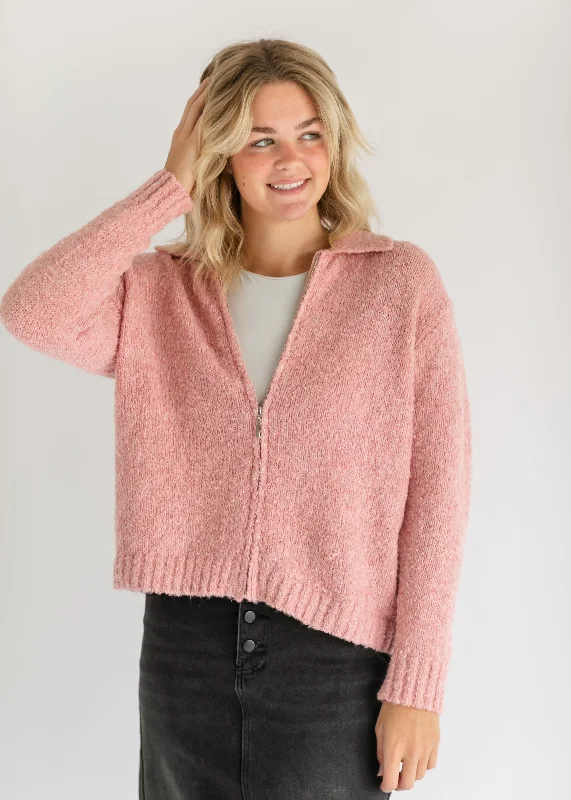 wool knit cardigans -Pink Soft Zip Up Cardigan - FINAL SALE