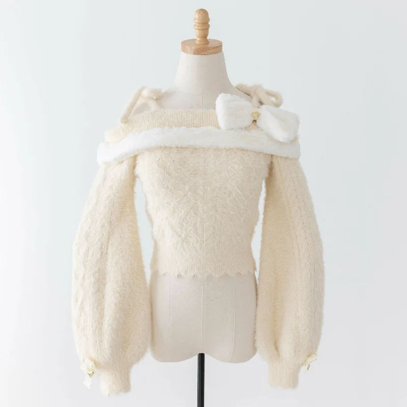 knit ribbed cardigans -Lilia & Lace Bunny Ear Knit Sweater with Engraved Heart Charms (Cream)