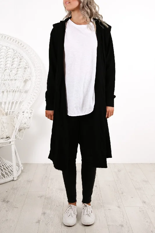 long knit ribbed cardigans -Naomi Hooded Cardigan Black