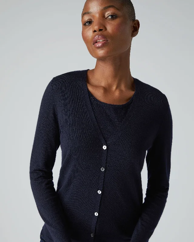 minimalist striped cardigans -Women's Mia Superfine Cashmere V Neck Cardigan Navy Blue